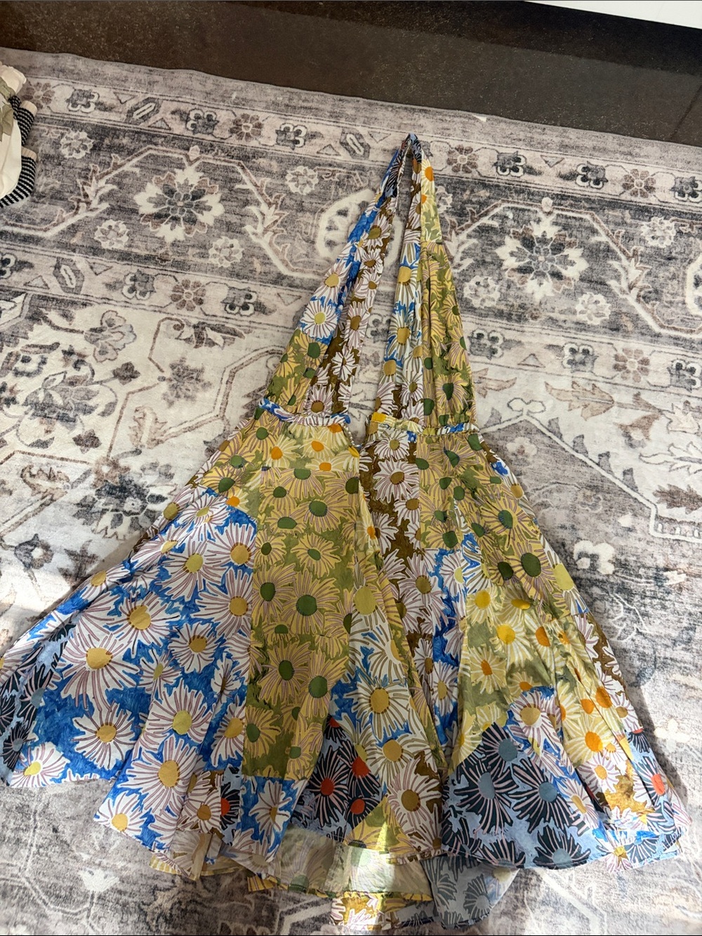 Floral Daisy Patchwork Dress - Yellow & Blue